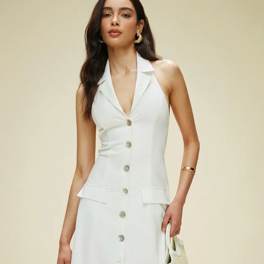 Commense Cotton & Linen Pocket-Detail Halter Neck Tie-Back Dress NWT